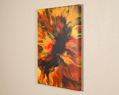 Dark Energy | Original Fluid Acrylic Pour Painting, Orange and Black Acrylic Fluid Art, Small Abstract Painting, Canvas Wall Art, 9x12 - image3